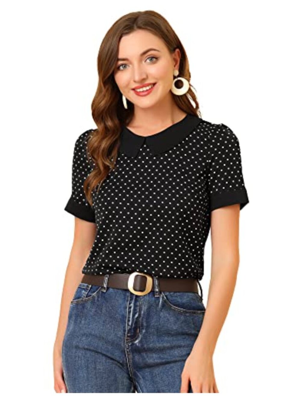 Women's Vintage 1950s Peter Pan Collar Polka Dot Blouse Short Sleeve Summer Top